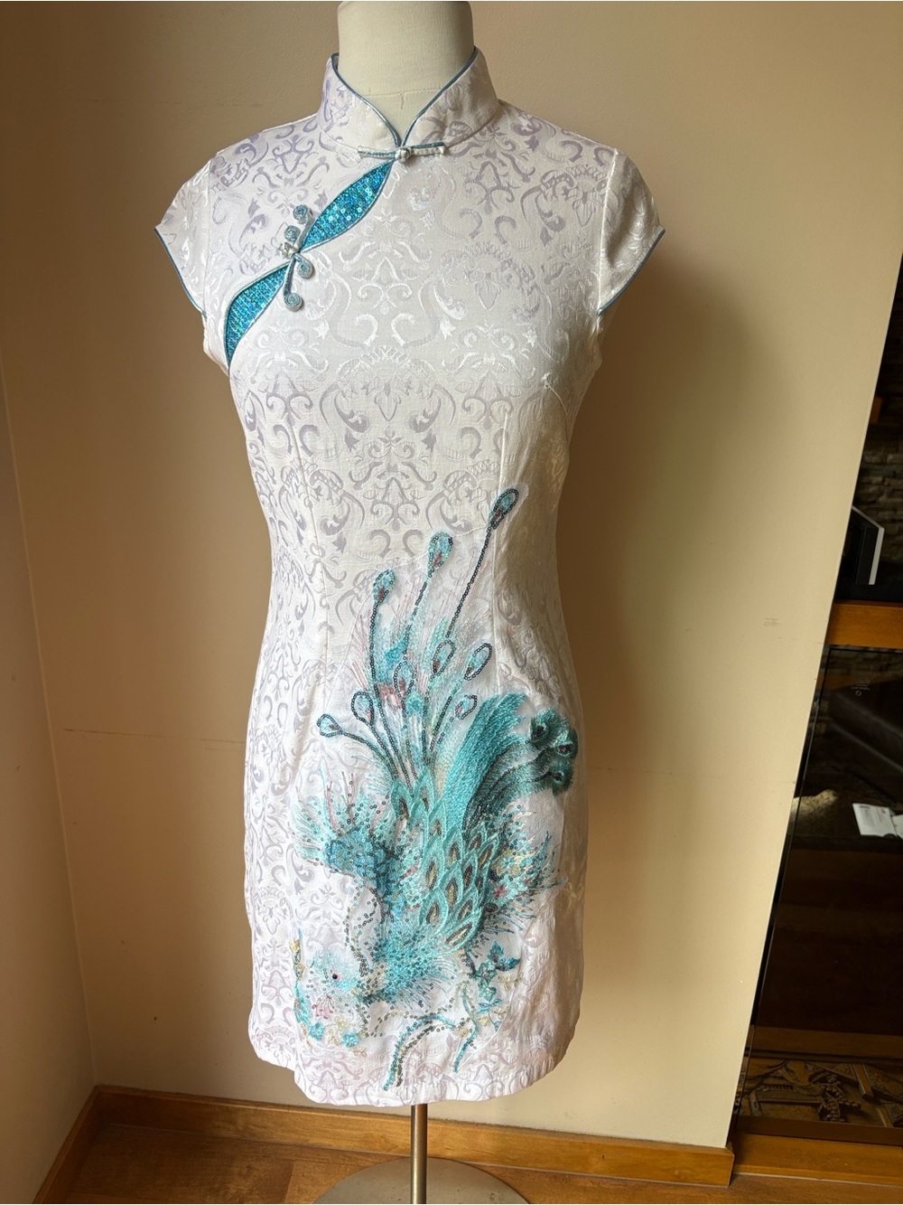 Classic White Cheongsam Dress with Teal Phoenix rising  Embroidery